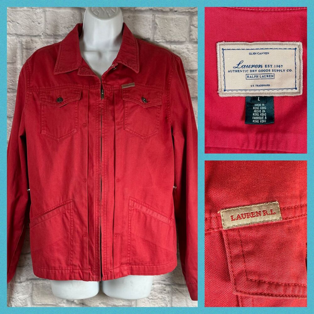 Vtg 90s Lauren By Ralph Lauren Womens Large Red Jacket Original Zip-Up Hong Kong